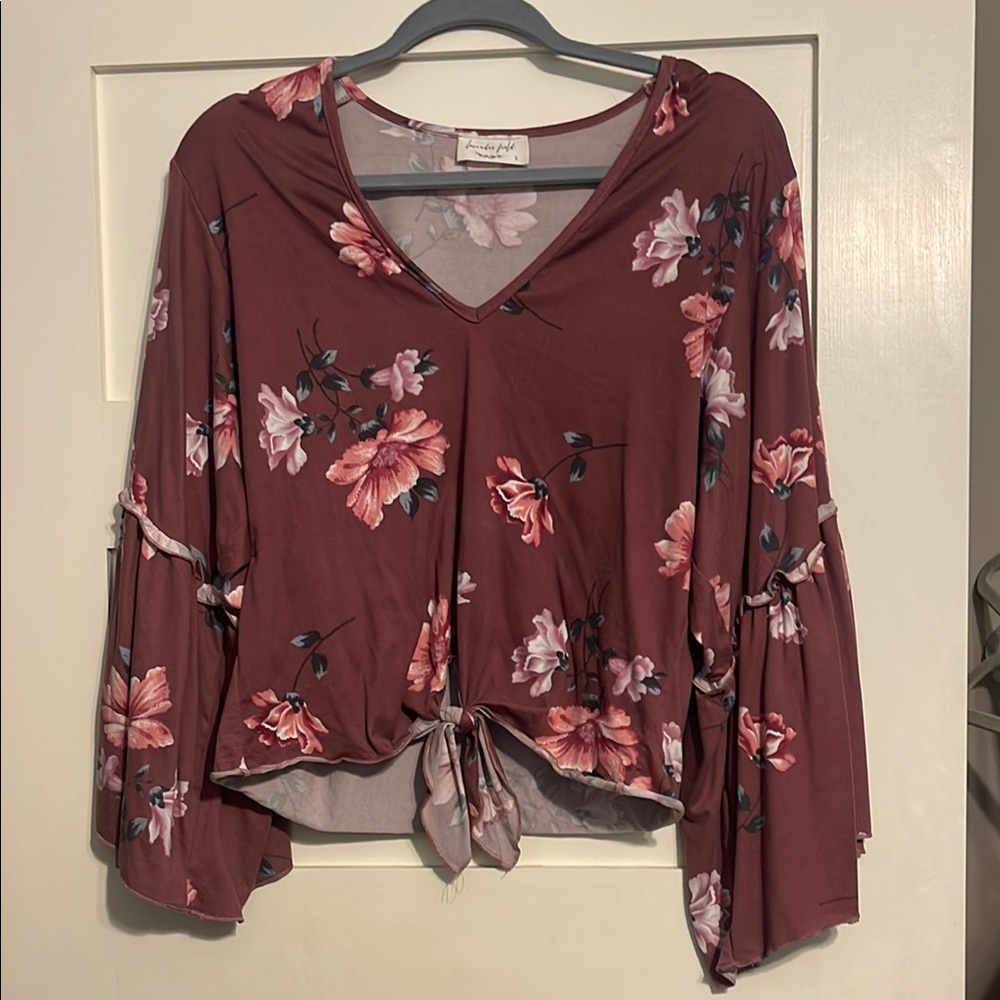 Lavender Field Red and Pink Floral Bell Sleeve Blouse